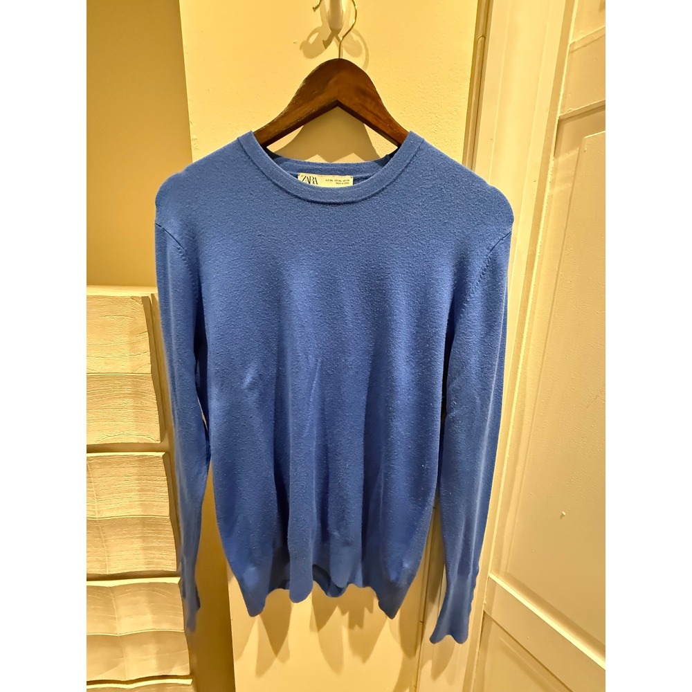 Zara Basic Blue Crewneck Knit Sweater Gold Button Cuff Women Size L